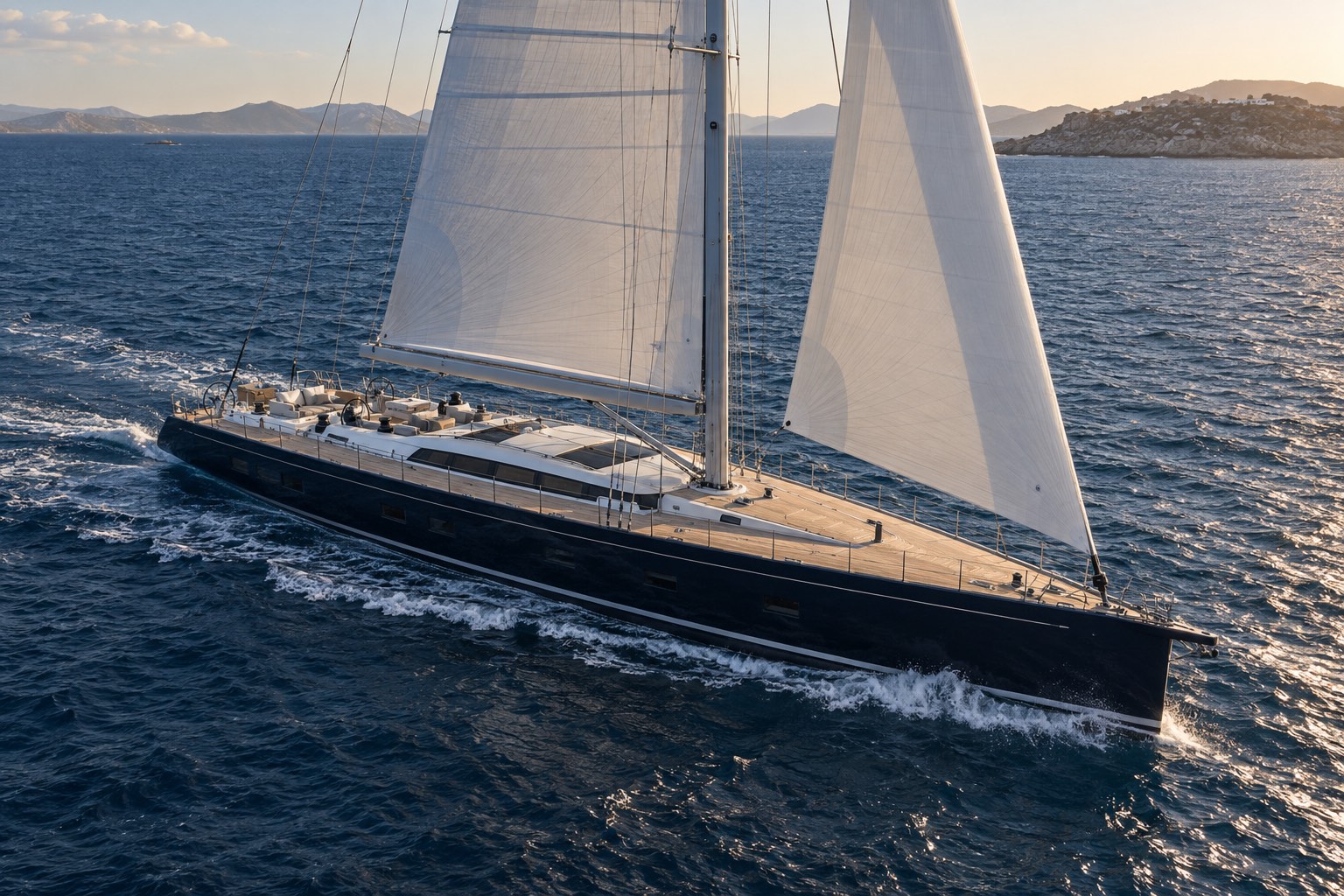AI-generated concept of a 40-metre sailing monohull with a navy hull under sail